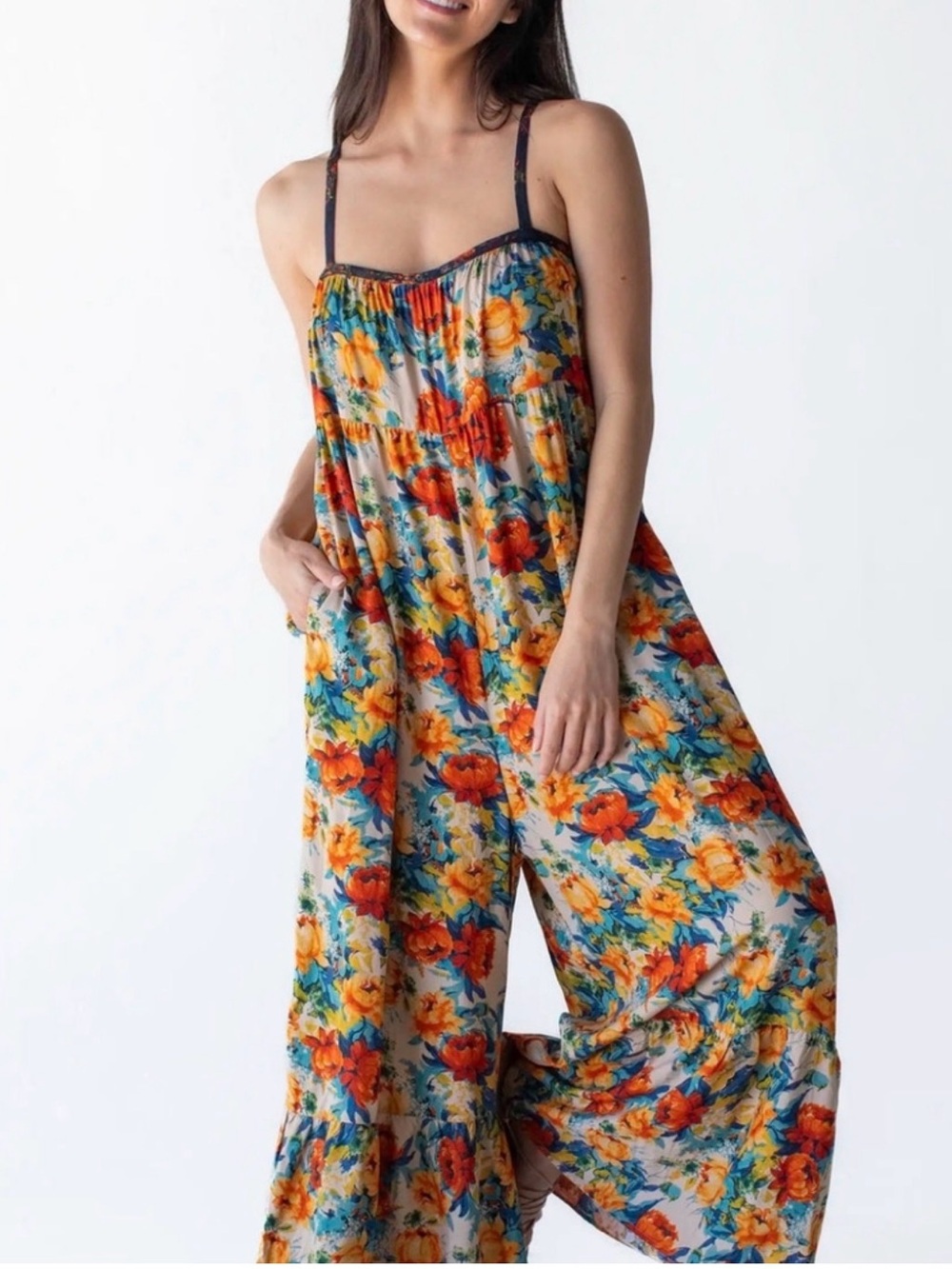 Natural Life Stephanie Floral Wide Leg Boho Overall Orange Rose Size L